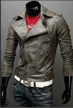 Gray Men Leather Jacket Biker Brando Shoulder Epaulets Tab Collar Slim Fit - $2,546.82 MXN