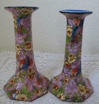 Vintage Exotic Bird Chintz Candlesticks Candleholders Lavender Purple Un... - £98.32 GBP