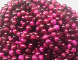 6mm Natural Tiger Eye Round Beads, Magenta, 1 15in Strand, stone, pink t... - $12.00