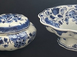 Antique Lidded box and lobed bowl Delft &#39;Porseleyne fles&#39;, marked bottom - £123.78 GBP