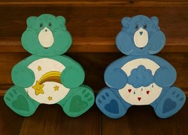 Pair 2 Vintage 1986 Hand painted CARE BEARS Green Blue Solid Wood Wall H... - £23.90 GBP