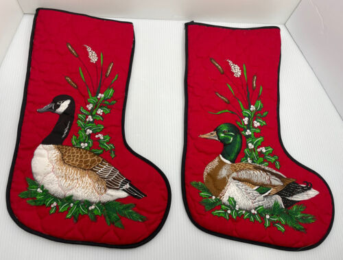 Primary image for Duck Goose Wildlife Christmas Stocking Handmade Vintage Red Lined Lot Of 2 15 In