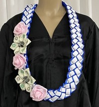 Graduation Money Lei Flower Pink Rose Royal Blue &amp; White Four Braided Ribbon - £50.70 GBP