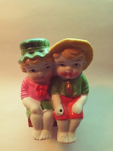 Occupied Japan Bisque Pot/Shelf sitters Boy &amp; Girl 2 3/8&quot; Green hat/yell... - $12.00