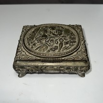Vintage Footed Metal Jewelry Trinket Box Silver Tone Red Velvet Lined 4.... - $11.61