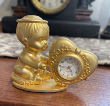 Elgin Collectable Mini Quartz Clock Baby w Heart, Gold Tone  Miniature - £4.61 GBP