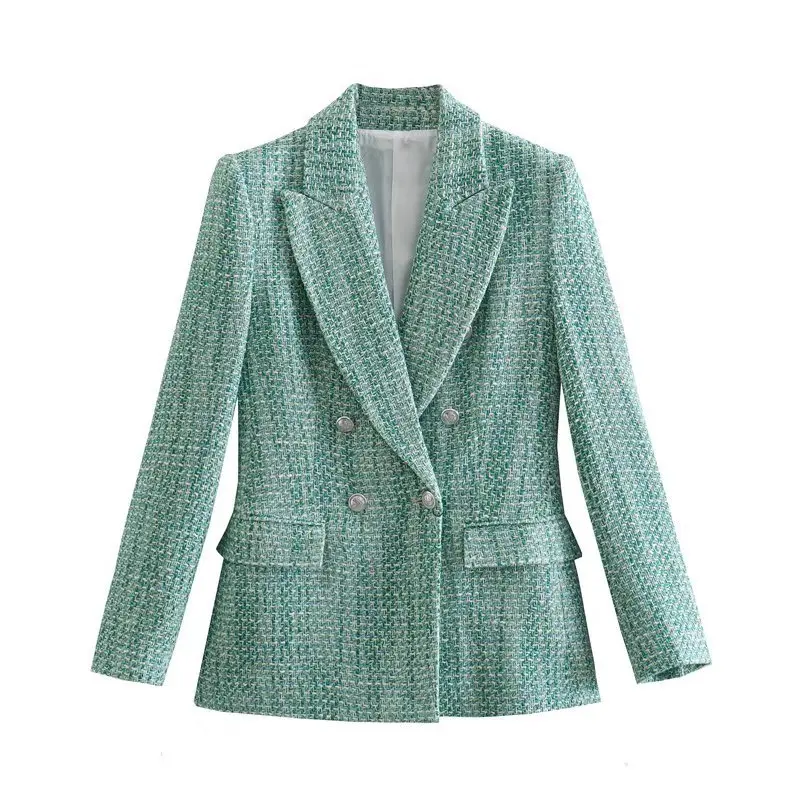 Women Plaid Tweed Blazers Vintage  Antumn Jacket Elegant Office Wear Coats Doubl - £157.13 GBP