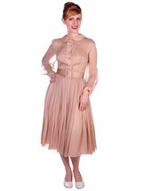 VTG 50s Silk Chiffon Cocktail Dress S Beige Pleated Bodice Belted NWT S - $320.71