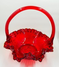 Fenton Ruby Red Glass Cabbage Rose Basket Ruffled Wavy Handle - £31.89 GBP