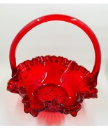 Fenton Ruby Red Glass Cabbage Rose Basket Ruffled Wavy Handle - £31.44 GBP