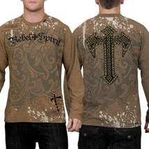 Rebel Spirit Cross Metal Studs Rhinestones Mens Long Sleeve T-Shirt Brown Bleach - £46.87 GBP