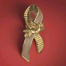 Pink Ribbon Gold Tone With Rose Enamel Vintage By Avon Breast Cancer Awareness - $12.95