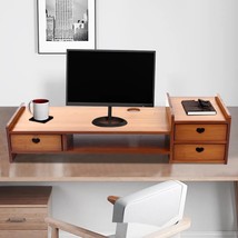 Bamboo Wood Monitor Stand with Storage Organizer Drawers Desktop Laptop Shelf Ri - £68.94 GBP