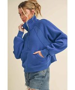 Half-Zip Pullover Cropped Sweatshirt - Cobalt Blue - £35.24 GBP