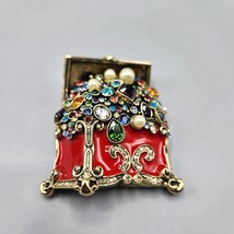 Heidi Daus Treasure Trove Chest Brooch Red Enamel Jewelry Crystal Pearl - £114.78 GBP