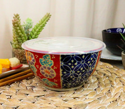 Ebros Set of 2 Ceramic Blue Red Floral Patterns Portion Meal Bowls 3 Cups W/ Lid - £23.42 GBP