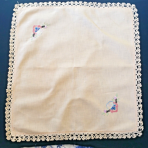 Embroidered Crocheted Tan Square Table Scarf Doily Pansies 18.5&quot; X 18&quot; Vintage - £6.34 GBP
