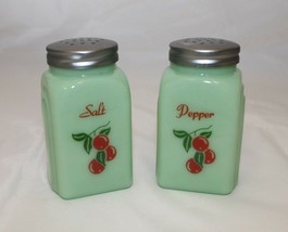 New Salt and Pepper Shakers Jade Green Glass with Cherries Art Deco Retro Style - £12.65 GBP