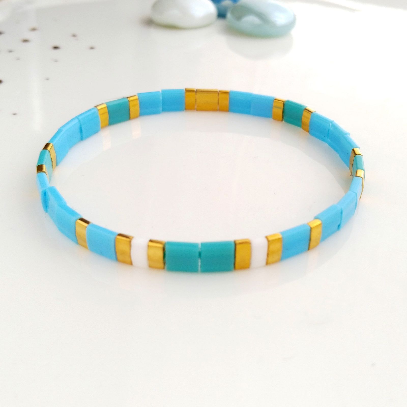 Primary image for Blue, gold white tila miyuki flat beaded bracelet,woman stacking tile bracelet,n