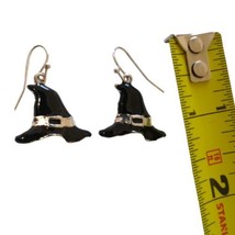 Black Witch Hat Halloween Earrings Enameled Silver Tone Dangle Witchcore Witchy - £11.67 GBP