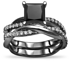 Black Diamond Ring Set, Princess Cut Simulated Diamond Bridal Wedding Ring Set - £72.56 GBP