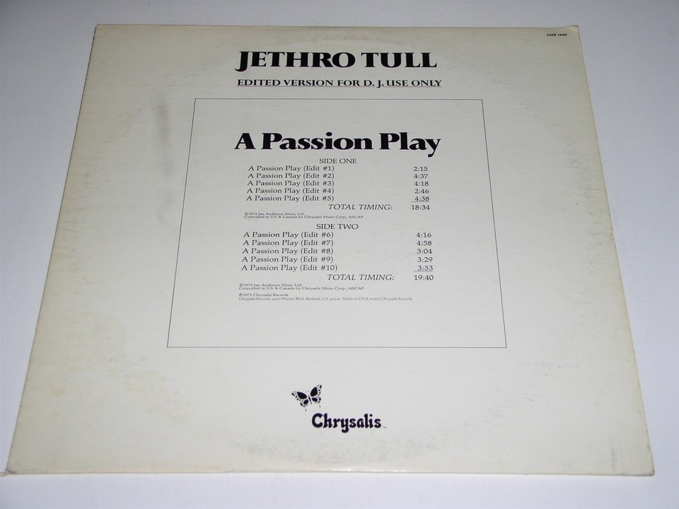 Jethro Tull A Passion Play Radio Edit Promo Record Album Chrysalis 1040 ... - $29.99