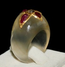Antique Yellow Chalcedony Gemstone Ruby Diamond 22K Gold Classic Stone Ring - £256.29 GBP
