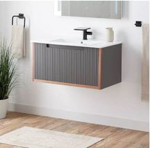 New Muted Ash Grey 32&quot; Bisbee Wall-Mount Vanity - with Warm Oak Frame by... - £702.17 GBP