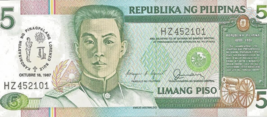 PHILIPPINES BANK NOTES REPUBLIKA NG PILIPINAS 5 PISO 1987 UNC #66 - $4.94