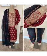 Pakistani Ajrak Printed Straight Shirt 3PCS Lawn Suit w/ Threadwork,Large - £55.02 GBP