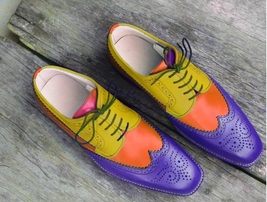 Handmade Men’s Multi-Color Leather Shoes, Stylish Wing Tip Brogue Dress Lace Up - £110.60 GBP