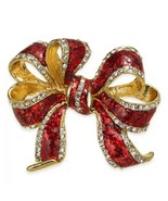Macy&#39;s Holiday Lane Red Bow Brooch Gold Tone Red Enamel Glitter W Rhines... - $22.62 CAD