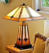 Tiffany Stained Glass Diamond Mission Table Lamp with Lighted Base - LAST ONE! - £239.00 GBP