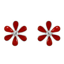 Everyday Charming Flower Red Enamel Sterling Silver Stud Earrings - £9.45 GBP