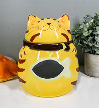Ceramic Feline Orange Tabby Fat Cat With Giant Fish Belly Cookie Jar 7.2... - $30.99
