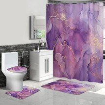 4 Pcs Purple Marble Shower Curtain Sets with Non-Slip Rugs, Toilet Lid C... - £31.90 GBP