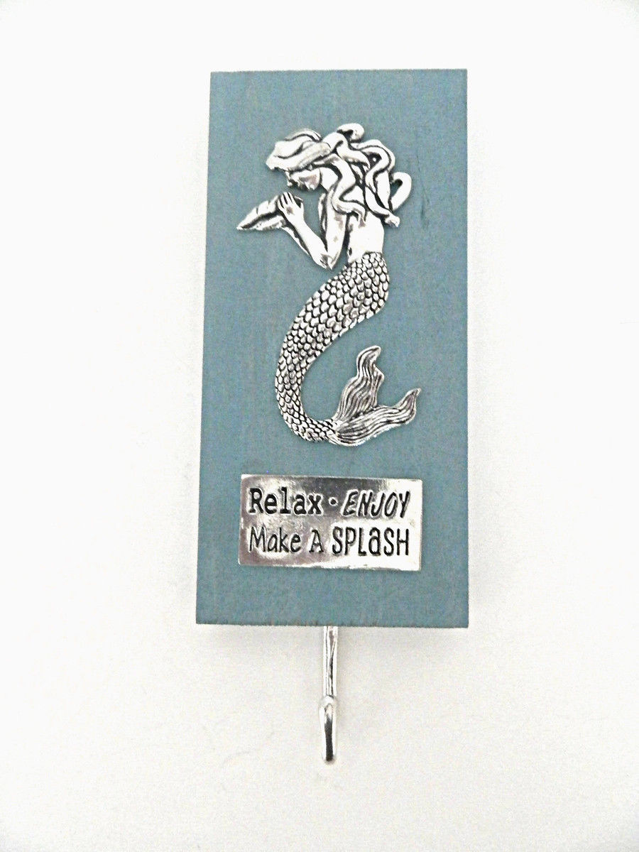 Primary image for Mermaid Pewter Plaque Single Hook on Wood Nautical Lead Free Made in Canada New