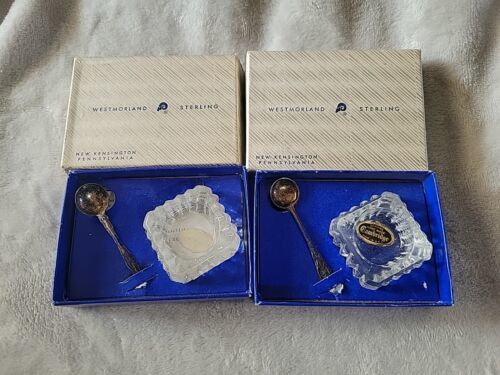 2 Vintage Cambridge Glass Salt Cellar And Sterling Silver Spoon With Box - £19.46 GBP