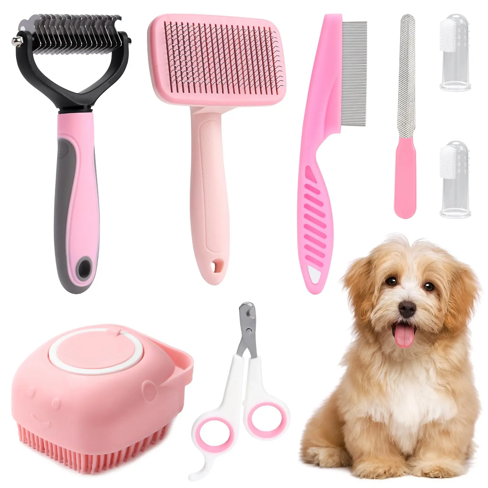 8-piece dog brush grooming set, pet self-cleaning set, with pet nail cli... - $14.38