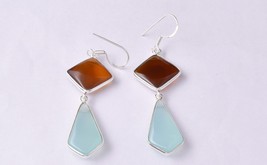 925 Argent Sterling Calcédoine &amp; Spessartite Pierre Précieuse Fait Boucles Elle - £44.21 GBP