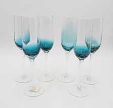 Pier 1 Pier One Blue Teal Green Crackle Champagne Flutes Glasses Set of 6 - $99.99