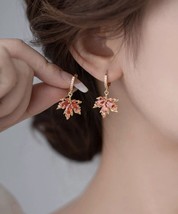 Orange crystal maple leaf earrings - drop dangle hoop  -cubic zirconia - $14.62