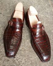 Handmade Men Brown Crocodile Texture Leather Monk Shoes, Business Shoes - £102.84 GBP+