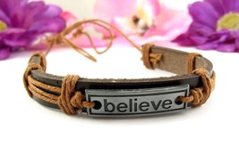 BELIEVE Bracelet Vintage LEATHER &amp; CORDING Brown Adjust Metal Plate + or... - £13.76 GBP