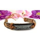 BELIEVE Bracelet Vintage LEATHER &amp; CORDING Brown Adjust Metal Plate + or... - $17.81