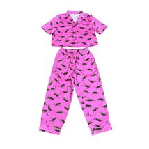 Fabletics EcoSatin Pink Leopard Print Pajama Set Crop Pant Button Down T... - $49.49