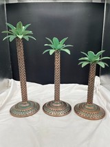 Set of 3 Graduated Metal Palm Tree Candlestick Holders Copper Trunk Green Leaves - $33.87