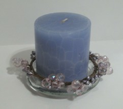 Blue Candle with Glass Candleholder Plate  &amp; Decorative Beaded Trim, 3 pc - £8.32 GBP