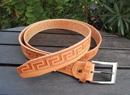 Handmade Greek Leather Belt with Meander Pattern 1.3&quot; (3.5cm) - £24.99 GBP+