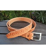 Handmade Greek Leather Belt with Meander Pattern 1.3&quot; (3.5cm) - £25.06 GBP+